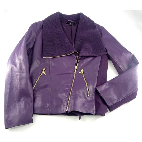 Iman Leather Coat Womens Small Purple Plum Gold Zipper Chic Moto Jacket Vintage - Picture 1 of 13